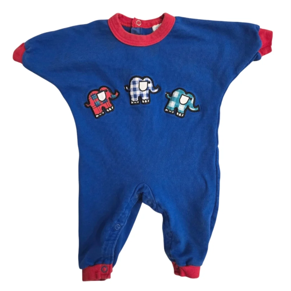 Vintage 1990s Y2k Carter's Blue and Red One Piece with Elephant Design